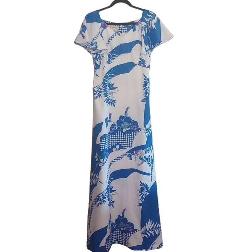 Pomare Tahiti Long White Blue Purple Maxi Dress Vintage